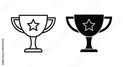 Minimalist trophy cup icons with star symbol in outline and solid black styles for achievement and success rewards