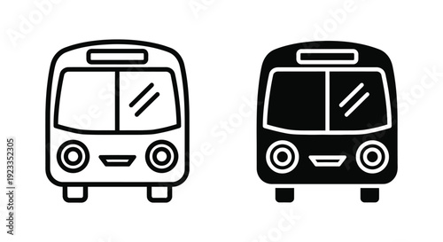 Minimalist front view bus icons in outline and solid glyph styles for public transportation, urban transit navigation, and travel app interface design.