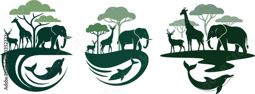Wildlife Conservation Silhouette Logo Set Featuring Elephant Giraffe Deer and Dolphin in Nature Eco Concept