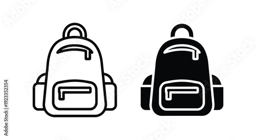 Versatile backpack icons in outline and solid styles perfect for student education, travel planning, and outdoor adventure gear branding