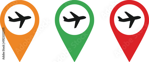 Airplane location pin icon set representing airport travel navigation and flight destination concept in colorful flat vector isolated collection design