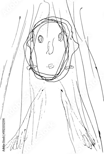 Hand drawn upper body of a person with overlapping faces facing left and right and long vertical lines