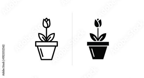 Minimalist tulip flower in a pot icon set featuring outline and solid black styles for spring gardening branding and botanical web design projects