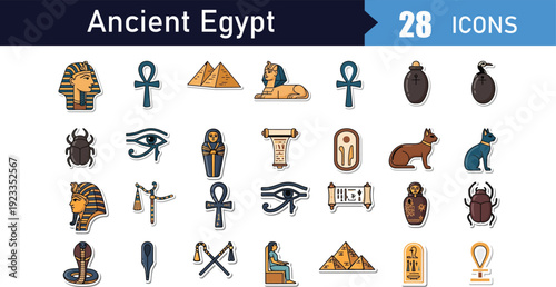 Ancient Egypt 28 icons collection. Includes pharaoh, ankh, pyramid, sphinx, scarab, Eye of Horus, sarcophagus, cat, and cobra symbols. Created in colored outline style with brown, blue