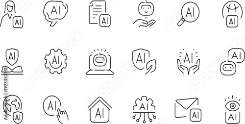 Artificial Intelligence Line Icon Set – AI Technology and Automation Outline Collection