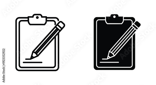 Minimalist clipboard and pencil icons in outline and solid styles for business surveys, medical forms, and educational checklists