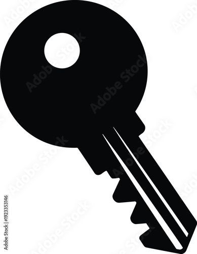 Black silhouette of a classic metal key isolated on white background for security access privacy real estate and digital encryption design
