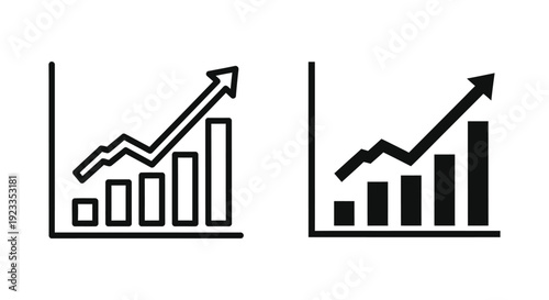 Minimalist business growth icons featuring upward trending arrows and bar graphs for financial success and market data analysis
