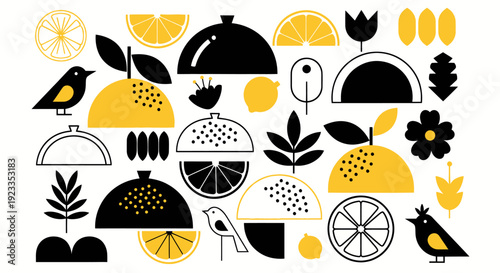 Abstract Scandinavian Folk Art Inspired Citrus Fruits and Birds.