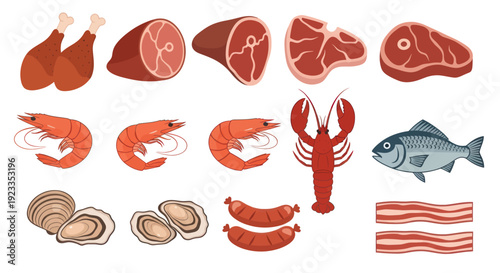 Assortment of Fresh Meats, Seafood, and Processed Delicacies.