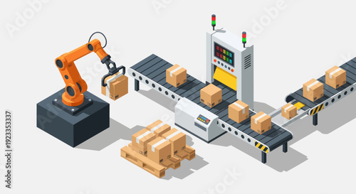 Automated Factory Production Line with Robotic Arm and Conveyor Belts.