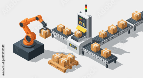Automated factory production line with robotic arm and conveyor belts packaging boxes.