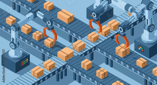 Automated factory production line with robotic arms sorting packages on conveyor belts.