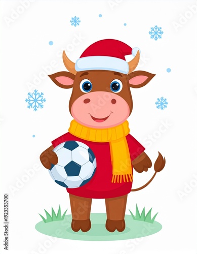 Festive Cartoon Bull Wearing Santa Hat and Holding Soccer Ball in Winter Scene.
