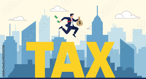 Businessman jumping over large TAX letters with money and bag.