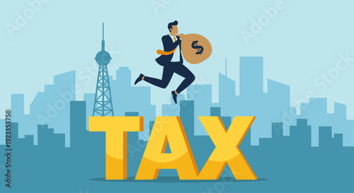 Businessman with money bag jumping over large TAX letters.