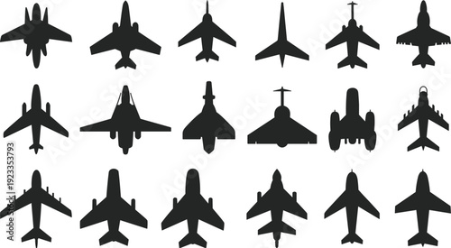 Set of black silhouette fighter jets and airplanes from top and front views aircraft aviation
