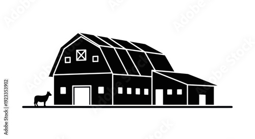Classic American Barn with Livestock Silhouette on White Background.