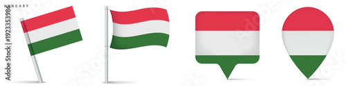 Set of Hungary flag icons including waving flag on pole and map pin markers. National European symbol isolated on white background for geography, travel and infographic projects.