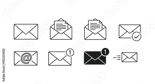 Comprehensive collection of minimalist email and envelope line icons featuring notification badges, sent status, and contact symbols for professional digital communication and interface design