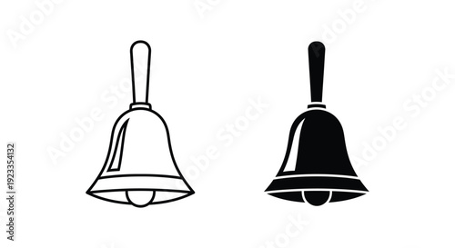 Set of minimalist hand bell vector icons in outline and solid black styles for school notifications, service alerts, and vintage call symbols on a clean white background.
