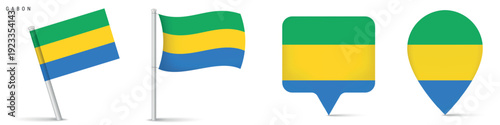 Gabon national flag icon set including waving flag and location marker shapes. African country symbol isolated on white background for geography and travel design projects.