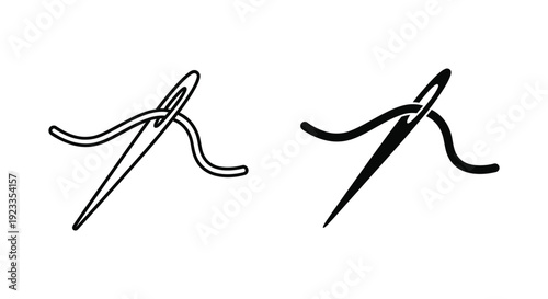 Minimalist sewing needle and thread icons in outline and solid styles for tailoring, fashion design, and DIY craft projects