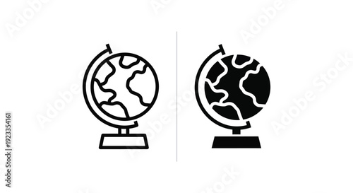 Set of minimalist world globe icons featuring outline and solid silhouette styles on stands, perfect for educational materials, travel agency branding, and global business presentations.