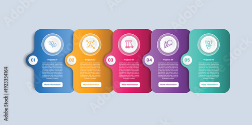 5 points infographic with glossy gradient style with vertical round rectangle box container with circle smooth badge on side with five segment information