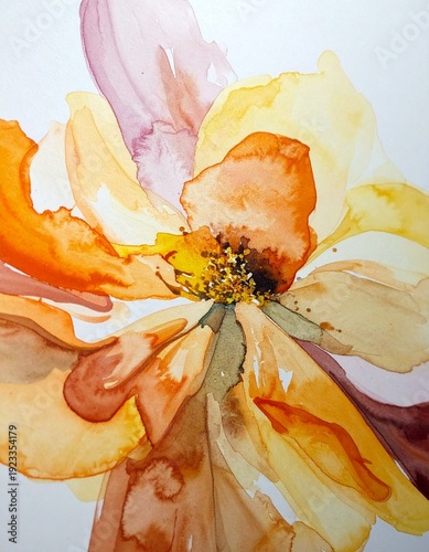Vibrant Watercolor Flower Painting with Warm Hues and Delicate Petals.