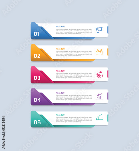 5 points infographic with glossy gradient style with round rectangle box with folder folding badge on left side with five segment information