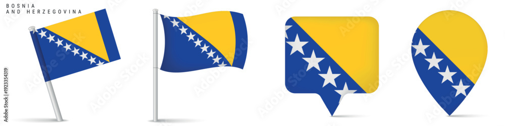 Obraz premium Bosnia and Herzegovina national flag icons including waving flag and location pin symbols. European country emblem isolated on white background for geography and travel use.
