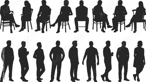 Silhouettes of people sitting and standing in different poses on a white background Keywords: silhouette, people, sitting