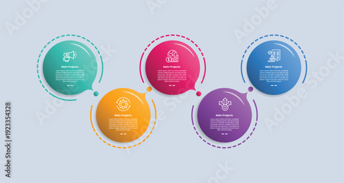 5 points infographic with glossy gradient style with big circle with discussion box style up and down on horizontal direction with five segment information