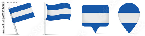 El Salvador national flag icons featuring waving flag on pole and map pin symbols. Central American country emblem isolated on white background for geography and travel projects.