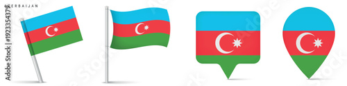 Azerbaijan national flag icons including waving flag on pole and location marker symbols. Western Asian country emblem isolated on white background for geography and travel design.