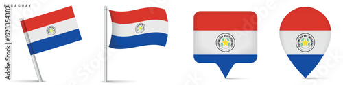 Free Download Paraguay national flag icons featuring waving flag and location marker symbols. South American country emblem isolated on white background for geography and travel design. - GFXLoad