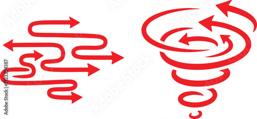 Red arrows illustrating complex winding path and swirling vortex on white background Keywords