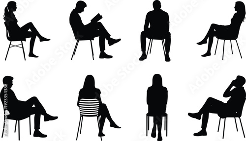 Silhouettes of people sitting on chairs in various poses on a white background Keywords: silhouette, people, sitting, chairs