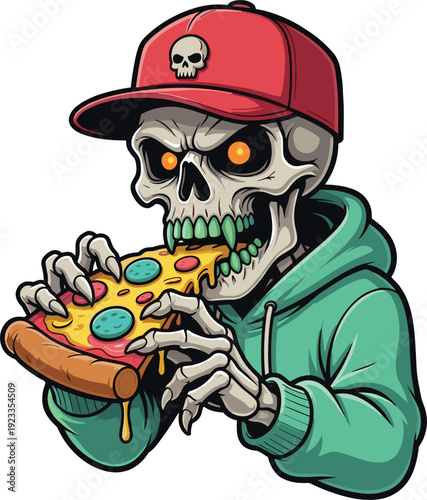 Vector Illustration of a Cool Skeleton Character Wearing a Hoodie and Skull Cap Eating a Slice of Pizza for Edgy Streetwear and Urban Design