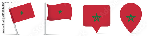 Morocco national flag icons featuring waving flag on pole and location marker symbols. North African country emblem isolated on white background for geography and travel design.