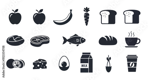 Collection of Food Icons Representing Various Groceries and Meals.