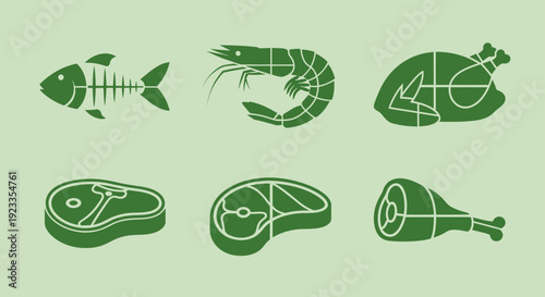 Collection of Meat and Seafood Icons Representing Different Cuts and Types of Protein.