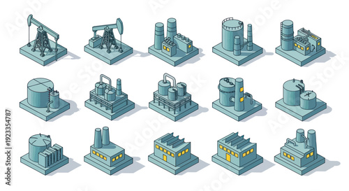 Collection of Industrial Factory Buildings and Oil Rigs.