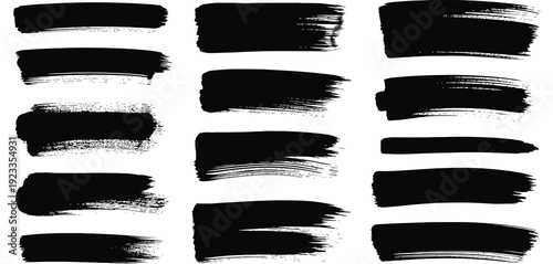 Black Brush Strokes Vector Illustration, Abstract Grunge Texture on White Background, Artistic Paint Smear and Ink Splatter Creative Graphic Design Element.