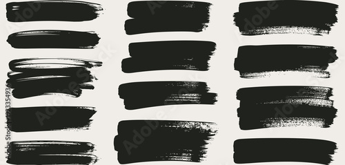 Black Brush Stroke Collection, Abstract Grunge Texture with Paint Smear and Ink Splatter Effects for Artistic Design Projects and Creative Vector Illustration on White Background.