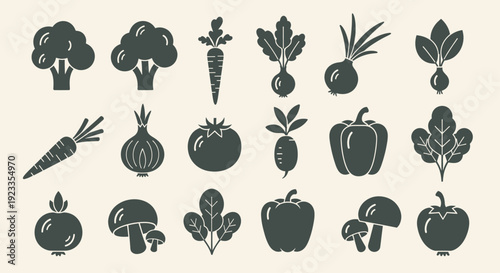 Collection of various fresh vegetables and mushrooms in silhouette style.