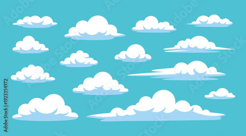 Cartoon clouds set in blue sky, fluffy white cumulus collection. Cute vector illustration