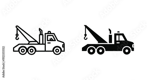 Minimalist tow truck icons in outline and solid silhouette styles for roadside assistance and vehicle recovery service branding