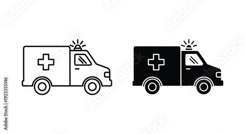 Minimalist ambulance vector icons in outline and solid glyph styles for healthcare apps and emergency medical service branding